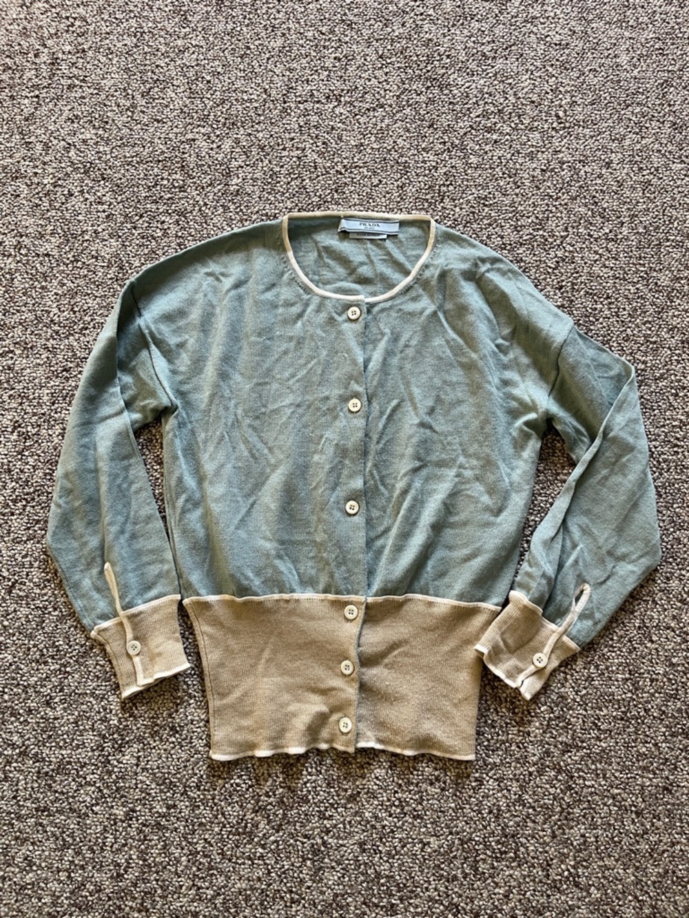 Prada Italy Robin Blue & Beige Wool Silk Cardigan Sweater 42 XS